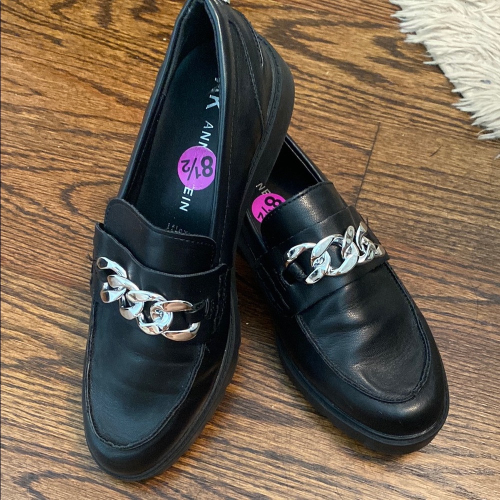 Anne Klein Black Flats with Silver Chain Detail